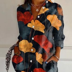 Casual Long Sleeve Ginkgo Leaf Pattern Regular Loose Shirt For Women, Shirts, color:Multicolor|size:5XL, catalog Noracora shop