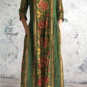 Women Floral V Neck Long Sleeve Comfy Casual Maxi Dress, Maxi, color:Green|size:4XL, catalog Noracora shop