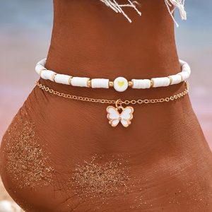 2PCS Layered Stackable Ankle Bracelets Set Boho Heart Beaded Butterfly Strechy Anklet, women Anklet, ChicMe catalog