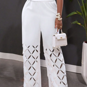 Plus Size Casual Geometric Hollow Out Fashion Pants, Plus Pants, color:White|size:4X, Stylewe