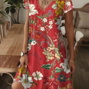 Women Floral V Neck Short Sleeve Comfy Casual Maxi Dress, Dresses, color:Red|size:4XL, catalog Noracora shop