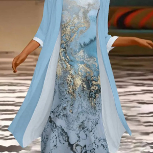 Women Abstract Printing Two-Piece Set Daily Three Quarter Sleeve Casual Spring/Fall Dress With Coat Matching Set, JustFashionNow Suit Set, color:Blue|size:XXL,
