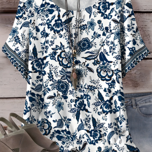 Vintage Ethnic Crew Neck Three Quarter Sleeve T-shirt, T-shirts, color:As Picture|size:4XL, catalog Noracora shop