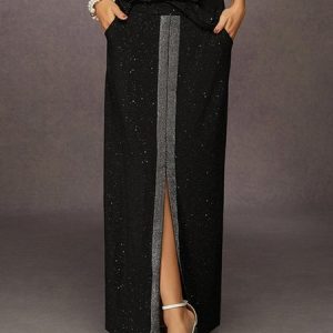Elegant Stamped Silver Slit Maxi Skirt, Skirts, color:Black|size:XXL, Stylewe
