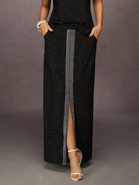 Elegant Stamped Silver Slit Maxi Skirt, Skirts, color:Black|size:XXL, Stylewe