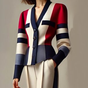 Urban Color Block V Neck Jacket, Jackets, color:As Picture|size:XXL, Stylewe