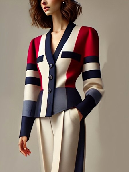 Urban Color Block V Neck Jacket, Jackets, color:As Picture|size:XXL, Stylewe