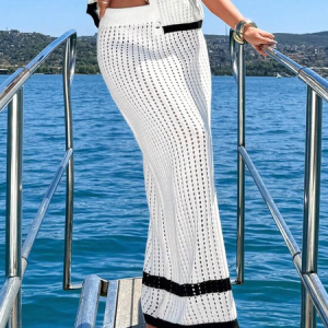 Vacation Color Block Midi Sweater Skirt, Sweater Dresses, color:White|size:XXL, Stylewe