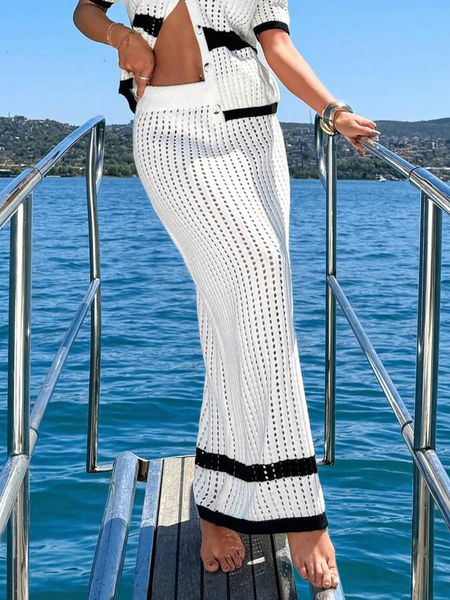 Vacation Color Block Midi Sweater Skirt, Sweater Dresses, color:White|size:XXL, Stylewe