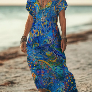 Women Abstract Short Sleeve Summer Printing Dress V Neck Daily Casual Maxi X-Line Dress, JustFashionNow Casual Dresses, color:Blue|size:3XL,