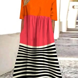 Women Geometric Crew Neck Short Sleeve Comfy Casual Maxi Dress, Maxi, color:Orange|size:4XL, catalog Noracora shop