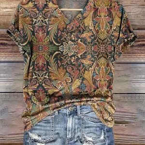 Casual Ethnic Floral Art Print V Neck Short Sleeve T-shirt, T-shirts, color:Brown|size:4XL, catalog Noracora shop
