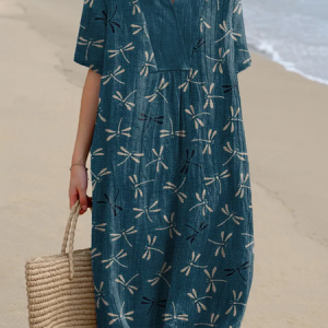 Women Dragonfly Crew Neck Short Sleeve Comfy Casual Maxi Dress, Dresses, color:As Picture|size:3XL, catalog Noracora shop
