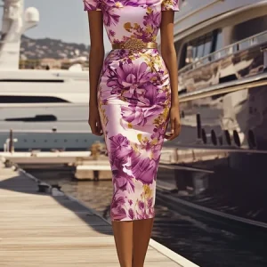 Elegant Floral Off Shoulder Sleeve Printing Midi Dress No Belt, Midi Dresses, color:As Picture|size:XXL, Stylewe