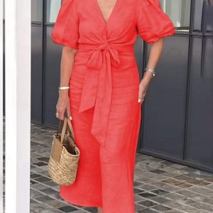 Women Plain V Neck Short Sleeve Comfy Casual Lace-up Maxi Dress, Dresses, color:Watermelon|size:5XL, catalog Noracora shop