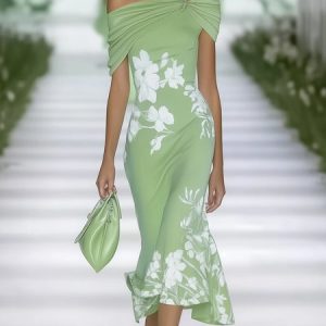 Elegant Floral Off-Shoulder Ruched Midi Dress, Midi Dresses, color:Green|size:XXL, Stylewe