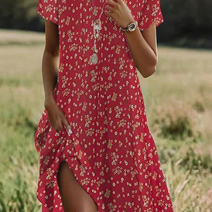 Women Floral Short Sleeve Summer Printing Dress Crew Neck Daily Casual Mini Tunic H-Line Dress, JustFashionNow Casual Dresses, color:Red|size:XXL,