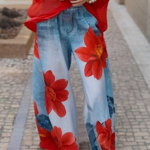Casual Denim Print Graphic Printing Floral Wide Leg Pants, Pants, color:As Picture|size:XXL, Stylewe