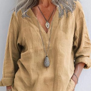 V Neck Long Sleeve Plain Regular Micro-Elasticity Regular Fit Shirt For Women, Shirts, color:Khaki|size:4XL, catalog Noracora shop