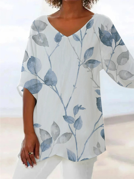 Women Floral Short Sleeve Shirt Summer Printing V Neck Daily Casual Top, JustFashionNow Blouses, color:White|size:3XL,