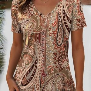 Casual Paisley Floral Print V Neck Short Sleeve T-shirt, T-shirts, color:Brown|size:4XL, catalog Noracora shop