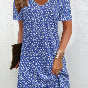 Women Floral Short Sleeve Summer Printing Dress V Neck Daily Casual Midi Fit & Flare Dress A-Line Dress, JustFashionNow Casual Dresses, color:Blue|size:5XL,