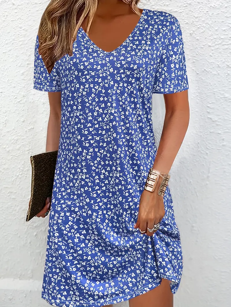 Women Floral Short Sleeve Summer Printing Dress V Neck Daily Casual Midi Fit & Flare Dress A-Line Dress, JustFashionNow Casual Dresses, color:Blue|size:5XL,