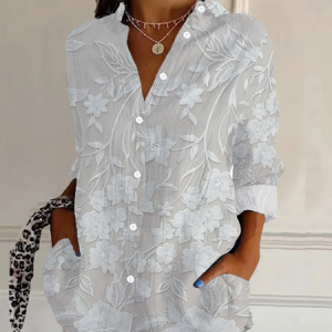 Shirt Collar Long Sleeve Floral Buckle Regular Loose Button Up Shirt Shirt For Women, Shirts, color:White|size:XXL, catalog Noracora shop