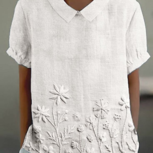 Women Floral Short Sleeve Shirt Summer Printing Shawl Collar Daily Casual Top, JustFashionNow Shirts, color:White|size:5XL,