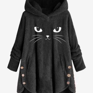 Scratching Cute Cat Embroidered Loose Warm Sweatshirt, JustFashionNow Sweatshirts & Hoodies, color:Black|size:S,