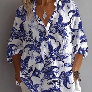Shirt Collar Long Sleeve Floral Pullover Lightweight Loose Blouse For Women, Shirts, color:Blue|size:XXL, catalog Noracora shop