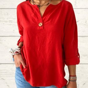 V Neck Long Sleeve Plain Regular Micro-Elasticity Regular Fit Shirt For Women, Shirts, color:Red|size:4XL, catalog Noracora shop