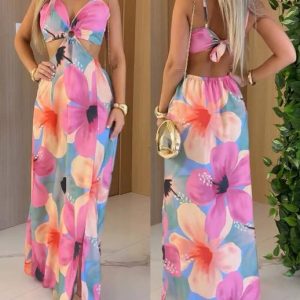 Floral Print V Neck Hollow-out Spaghetti Strap Dress Elastic Waist Back Tied Detail Slit Maxi Dress, women Print Dresses, ChicMe catalog