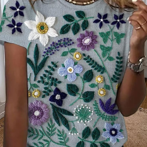 Women Floral Short Sleeve Tee T-shirt Crew Neck Printing Casual Summer Top, JustFashionNow T-Shirts, color:Gray|size:XXL