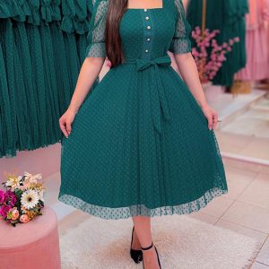 Square Neck Lace Short Sleeve Waist A Line Dress Casual Sheer Mesh Mid-Calf Dress, women Lace Dresses, ChicMe catalog