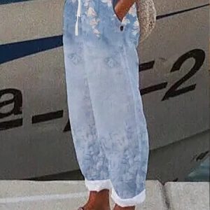 Women Floral Long Pant Casual Spring/Fall Trousers, JustFashionNow Pants, color:Blue|size:XXL,