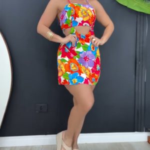 Multi Color Floral Print Halter Backless Tied Detail Jumpsuit Casual Elastic Back Waist Cutout Skort Romper, women Rompers, ChicMe catalog