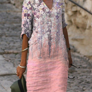 Women Floral Half Sleeve Summer Printing Dress V Neck Daily Casual Mini Shift Dress H-Line Dress, JustFashionNow Casual Dresses, color:Pink|size:3XL,