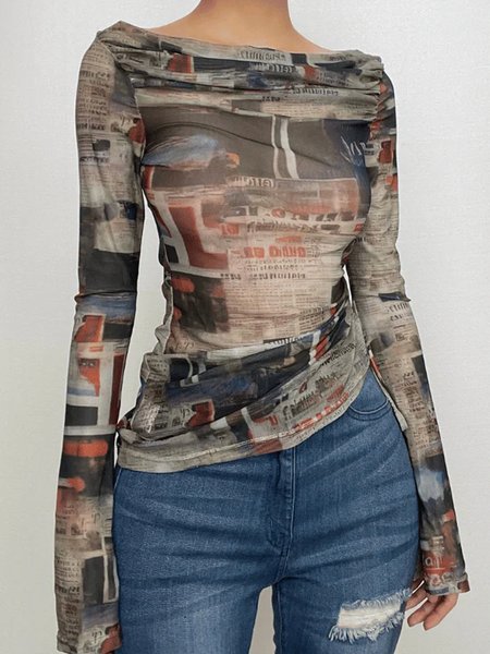 Casual Letter Pattern Printing Off The Shoulder T-shirt, Tees, color:As Picture|size:XXL, Stylewe