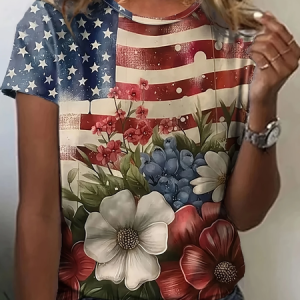 Casual Floral Crew Neck Short Sleeve T-shirt, T-shirts, color:As Picture|size:XXL, catalog Noracora shop