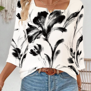 Women Floral Three Quarter Sleeve Blouse Spring/Fall Printing Notched Daily Casual Top, JustFashionNow Blouses, color:White|size:XXL,