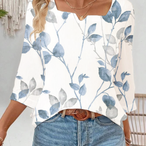 Notched Three Quarter Sleeve Floral Printing Regular Loose Blouse For Women, Blouses, color:White|size:XXL, catalog Noracora shop