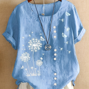 Crew Neck Short Sleeve Floral Printing Regular Micro-Elasticity Loose Shirt For Women, Blouses, color:Blue|size:4XL, catalog Noracora shop