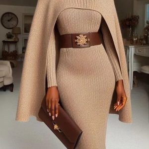 Urban Cloak Sweater Dress Two-Piece Set With No Belt, Two-piece Set, color:Khaki|size:XXL, Stylewe