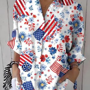 Independence Day (Flag) America Flag Print Long Sleeve Cotton Shirt For Women, Shirts, color:White|size:4XL, catalog Noracora shop