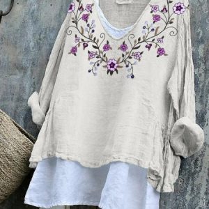 Women Floral Long Sleeve Tee T-shirt V Neck Vintage Spring/Fall Top, JustFashionNow T-Shirts, color:White|size:4XL,
