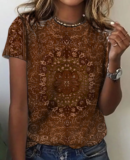 Women's Vintage Bohemian Floral Print Cotton T-Shirt, T-shirts, Lilicloth.com - Image 4