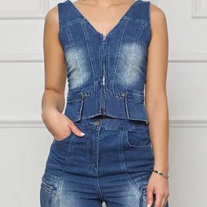 Urban Zipper Plain V Neck Denim Vest, Vests and Gilets, color:Blue|size:XXL, Stylewe