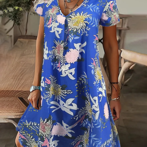 Women Floral Short Sleeve Summer Printing Dress V Neck Daily Casual Knee Length T-Shirt Dress H-Line Dress, JustFashionNow Casual Dresses, color:Blue|size:XXL,
