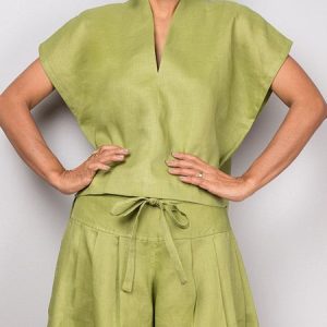 Cotton And Linen Casual Plain  V Neck Raglan Sleeves Blouse, Blouses and Shirts, color:Green|size:XXL, Stylewe